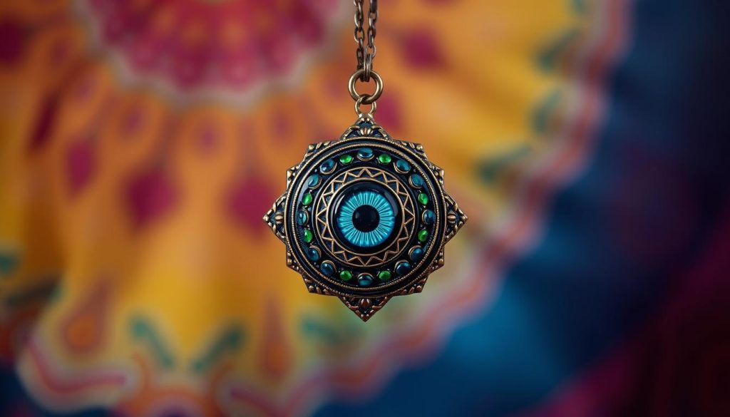 An intricate and ornate Turkish evil eye amulet, suspended against a backdrop of rich, saturated colors. The focal point is the intricate eye symbol, with concentric rings of vibrant blues, greens, and golds, evoking a sense of mysticism and protection. The amulet is rendered in a high-quality, photorealistic style, with attention to detail in the textures and sheen of the materials. The lighting is soft and diffused, creating a serene, ethereal atmosphere. The composition places the amulet prominently in the center, with a blurred, out-of-focus foreground and background, drawing the viewer's attention to the symbolic power of the eye.