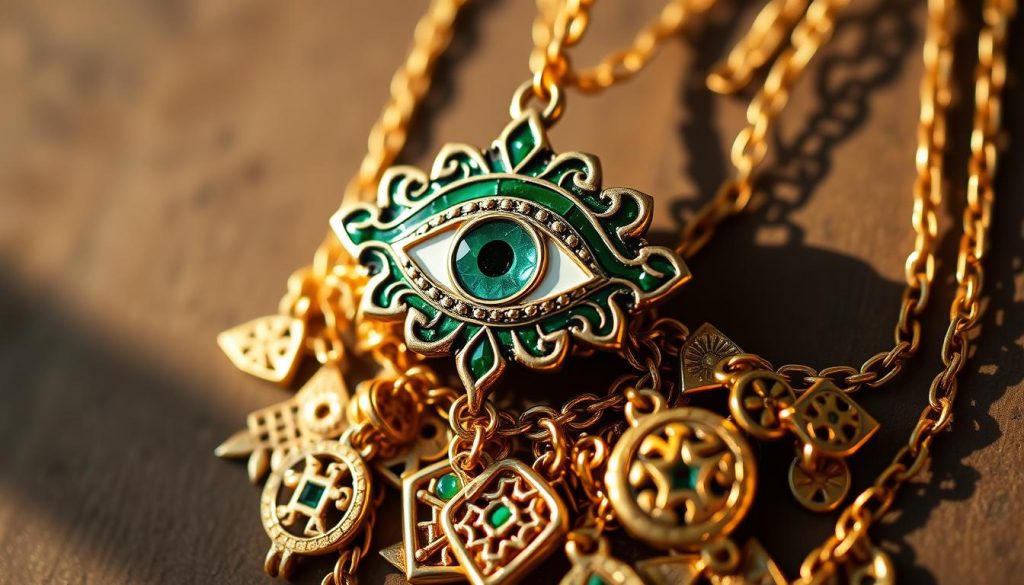 An ornate, emerald-hued "ojo turco" amulet, its bold, inlaid design shimmering under warm, natural lighting. The eye-shaped charm rests atop an intricate, layered arrangement of delicate gold-chained pendants and geometric-patterned charms, creating a visually striking, harmonious display. The overall composition evokes a sense of balance, growth, and subtle mysticism, perfectly suited to illustrate the section on incorporating the "ojo turco" into modern style through stacking, layering, and statement-making sizes.