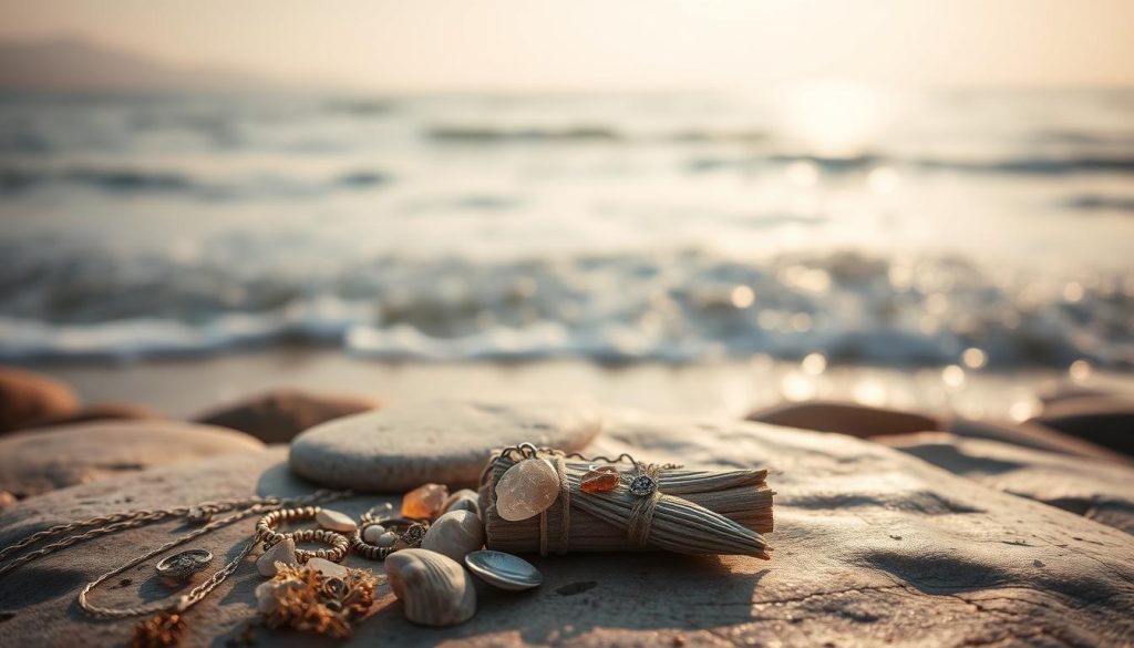 Cuidado joyas agua salada: A serene coastal scene with gently lapping waves, salty mist, and a collection of delicate jewelry resting on smooth stones. Soft, warm lighting filters through a hazy sky, casting a dreamy, mystical atmosphere. In the foreground, a handful of crystals, seashells, and a small bundle of dried sage or palo santo emit a wisp of aromatic smoke, purifying the energy. The jewelry, varying in style and materials, appears to be imbued with the essence of the sea, slightly weathered by the elements. An ethereal, protective quality permeates the scene, inviting a sense of ritual cleansing and spiritual reconnection.