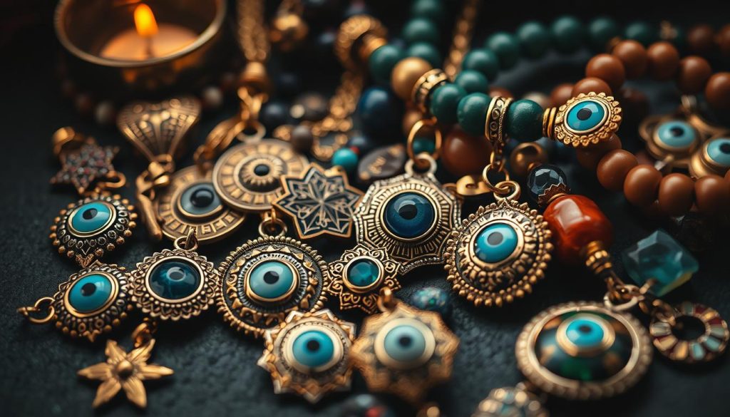 Detailed close-up of a collection of protective amulets and talismans, including a variety of Turkish evil eye charms, intricately crafted gold and silver pendants, beaded bracelets, and natural gemstone talismans. Soft, warm lighting illuminates the rich textures and vibrant colors of the jewelry, creating an elegant, mystical atmosphere. The items are artfully arranged on a dark, moody background, conveying a sense of cultural heritage and spiritual power. High-resolution, macro photography style, sharp focus on the intricate details.
