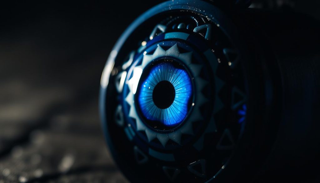 Detailed close-up of a mystical "ojo turco" amulet, also known as the "evil eye". The amulet is made of intricate blue and white glass or ceramic, with a central deep blue eye surrounded by concentric circles in shades of blue and white. The amulet is illuminated from the side, casting dramatic shadows and highlights that accentuate the depth and texture of the design. The lighting is moody and atmospheric, with a vignette effect that draws the viewer's focus to the central eye. The background is blurred and indistinct, allowing the amulet to be the sole focus of the composition. The overall mood is one of ancient mysticism, protection, and the unseen forces of the universe.