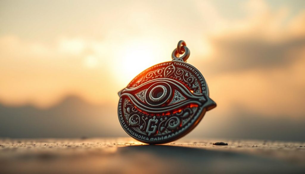 Detailed close-up of a mystical third eye charm, glowing softly against a serene background. The eye is rendered in exquisite detail, with intricate patterns and symbols etched into the surface. Warm, diffused lighting bathes the talisman, creating a sense of tranquility and inner reflection. Wispy clouds drift across a hazy sky, conveying a calming, meditative atmosphere. The frame captures the charm at an angle that emphasizes its symbolic power and protective energy, evoking the theme of "Protección, calma y estilo diario".