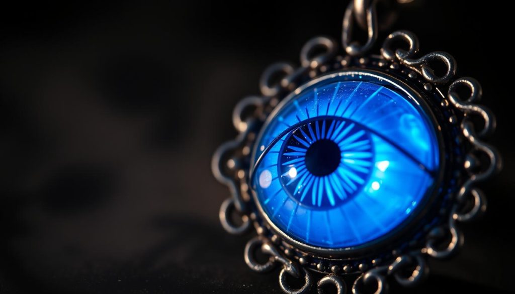 Detailed close-up of a vibrant blue eye amulet, encased in a delicate silver filigree setting. The eye appears to be made of luminous blue gemstone, possibly lapis lazuli or sapphire. Shimmering rays of light emanate from the eye, conveying a sense of mystical protection and power. The amulet is set against a dimly lit, atmospheric background, creating a moody, spiritual ambiance. The composition highlights the intricate craftsmanship and symbolic nature of the "ojo azul" (blue eye) talisman, emphasizing its role as a revered cultural icon and fashionable accessory.