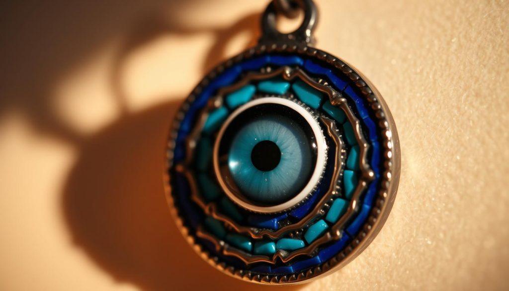 Detailed close-up of an antialérgico Turkish evil eye charm, cast against a soft, hazy backdrop. The ornament features intricate concentric rings of deep blues and vibrant turquoises, with a piercing central pupil in shades of white, gray and black. Subtle shadows and highlights accentuate the dimensional textures, creating an amulet-like quality. The lighting is warm and diffused, lending a soothing, mystical atmosphere. Shot with a macro lens to capture the mesmerizing, protective details of this hypoallergenic, nickel-free jewelry piece.