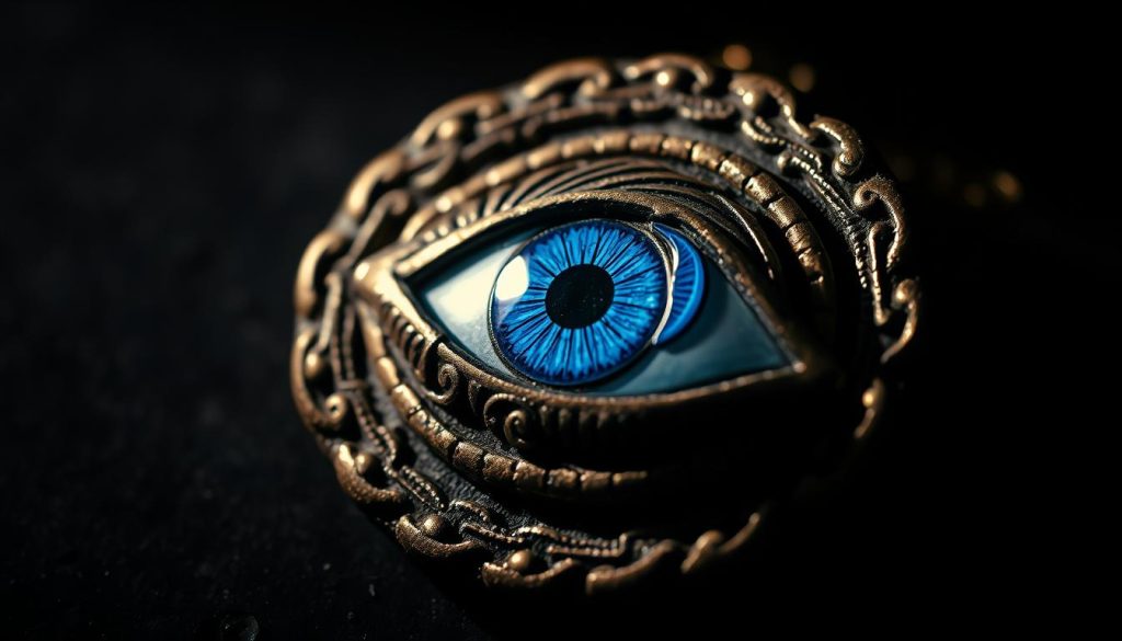 Detailed close-up of an ornate, ancient blue eye charm on a dark background. The eye is rendered in intricate detail, with an elegant, swirling pattern of cobalt blues and deep indigos. The eye is set within a richly textured, metallic-toned frame, suggesting an ancient cultural artifact. Soft, moody lighting illuminates the eye from the side, casting dramatic shadows and highlights that accentuate the depth and mystical quality of the object. The background is shadowy and enigmatic, hinting at the cultural and historical origins of this powerful symbolic talisman.