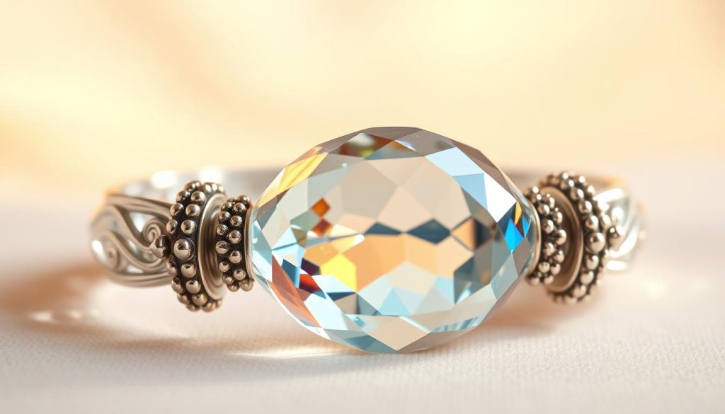 Detailed, high-resolution image of a Murano crystal and silver bracelet against a soft, diffused background. The bracelet features intricate metalwork and gleaming facets that catch the light, creating a sense of elegance and refinement. The Murano crystal centerpiece shimmers with an inner glow, its vibrant colors and smooth curves complementing the sterling silver accents. Soft, warm lighting bathes the scene, evoking a luxurious, high-end jewelry display. The composition emphasizes the delicate balance of materials, textures, and craftsmanship that defines this exquisite piece of jewelry.