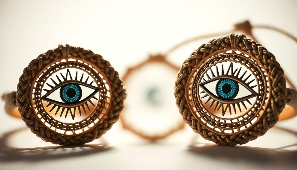 High-quality, intricate pulseras (bracelets) with a striking Turkish eye design in the center, against a clean, minimalist background. The bracelets are made of finely woven materials in neutral, earthy tones, with a subtle sheen that catches the light. Soft, diffused lighting illuminates the intricate textures and patterns, creating a sense of depth and dimension. The Turkish eye motifs are rendered with precise, hypnotic details, conveying a sense of ancient mysticism and protective power. The overall composition has a calming, elegant aesthetic that evokes a feeling of refined, stylish spiritual guarding.