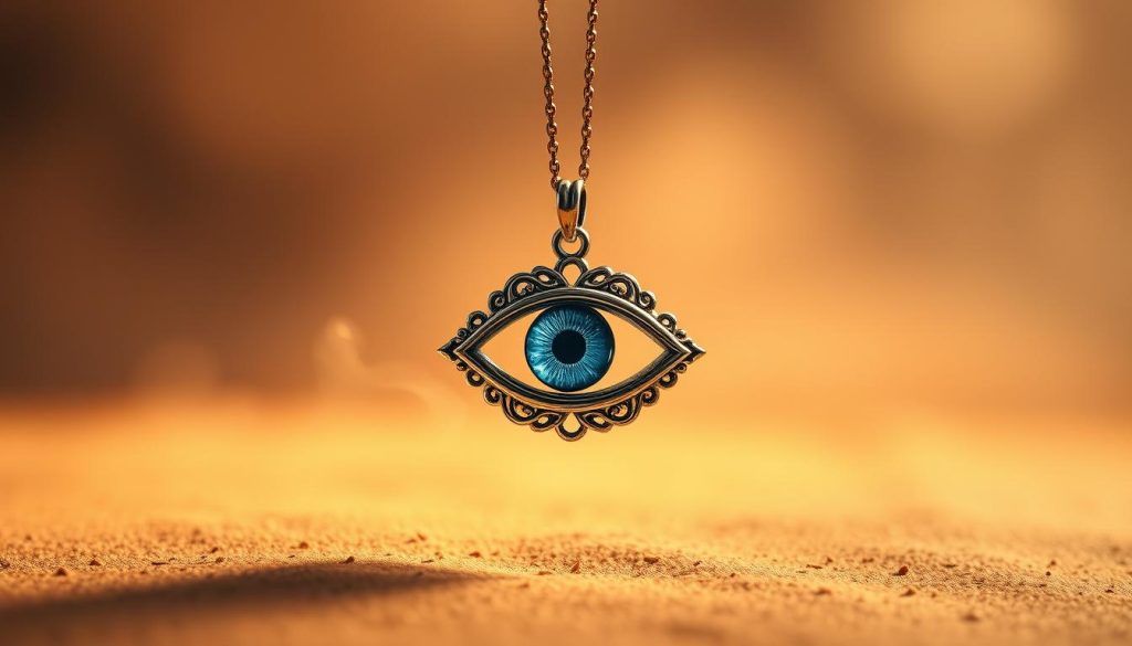 Inspirational Turkish eye pendant, captured in a serene, ethereal composition. The pendant levitates elegantly against a backdrop of warm, earthy tones, bathed in soft, diffused lighting. The intricate, ornate design of the eye-shaped charm is rendered with meticulous detail, its gleaming metallic finish catching the light. Wispy, translucent elements drift in the frame, adding a sense of dreamlike mysticism. The overall mood is one of quiet contemplation, inviting the viewer to pause and reflect on the pendant's symbolic significance and allure.