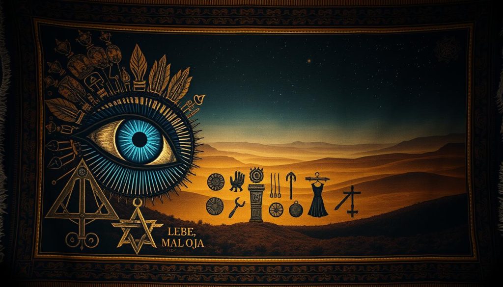 Intricate tapestry depicting the ancient origins of the "mal ojo" or "evil eye" belief, set against a moody, atmospheric backdrop. In the foreground, a detailed illustration of a piercing blue eye, radiating a mystical energy. In the middle ground, a series of ancient Mesopotamian symbols and talismans, hinting at the superstition's deep roots. The background features a hazy, dreamlike landscape, with rolling hills and a night sky dotted with twinkling stars, conveying the timeless, spiritual nature of this cultural phenomenon. Warm, muted tones throughout, with dramatic chiaroscuro lighting that casts dramatic shadows, enhancing the sense of the esoteric and the unknown.