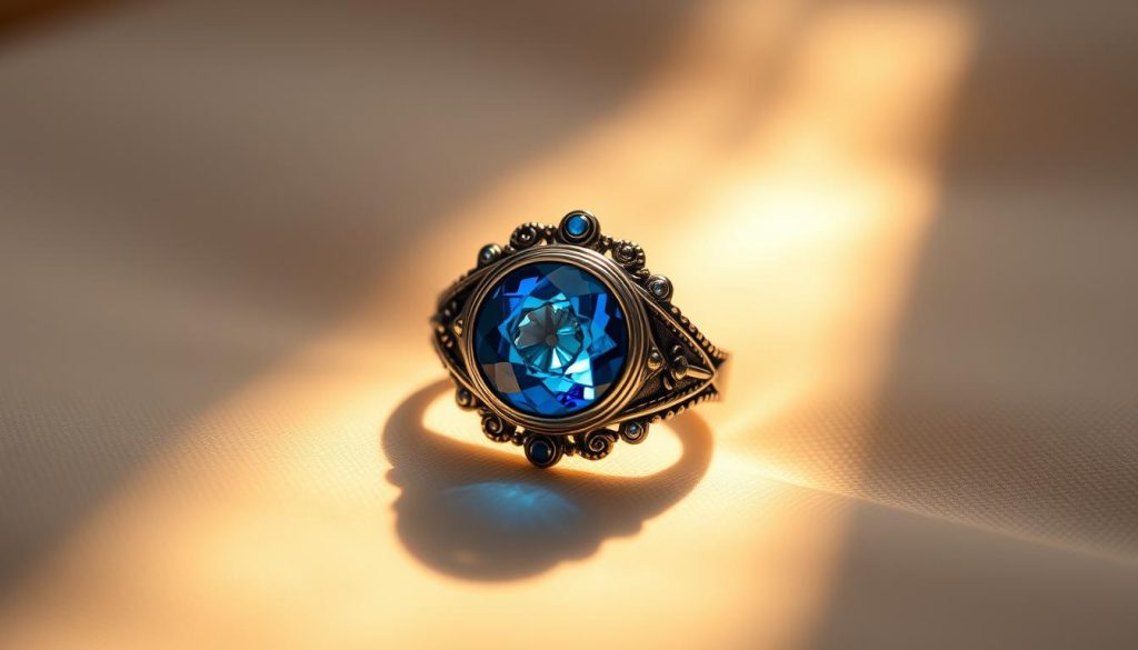 Prompt A captivating blue and silver Turkish eye ring, radiating protection and daily elegance. Situated on a soft, reflective surface, the ring is illuminated by warm, directional lighting, casting subtle shadows that accentuate its intricate details. The design features a mesmerizing blue gemstone at the center, surrounded by a sleek silver band adorned with ornate embellishments. The overall composition conveys a sense of mystique and sophisticated charm, perfect for showcasing the power and beauty of this timeless Turkish talisman. Prompt A captivating blue and silver Turkish eye ring, radiating protection and daily elegance. Situated on a soft, reflective surface, the ring is illuminated by warm, directional lighting, casting subtle shadows that accentuate its intricate details. The design features a mesmerizing blue gemstone at the center, surrounded by a sleek silver band adorned with ornate embellishments. The overall composition conveys a sense of mystique and sophisticated charm, perfect for showcasing the power and beauty of this timeless Turkish talisman.