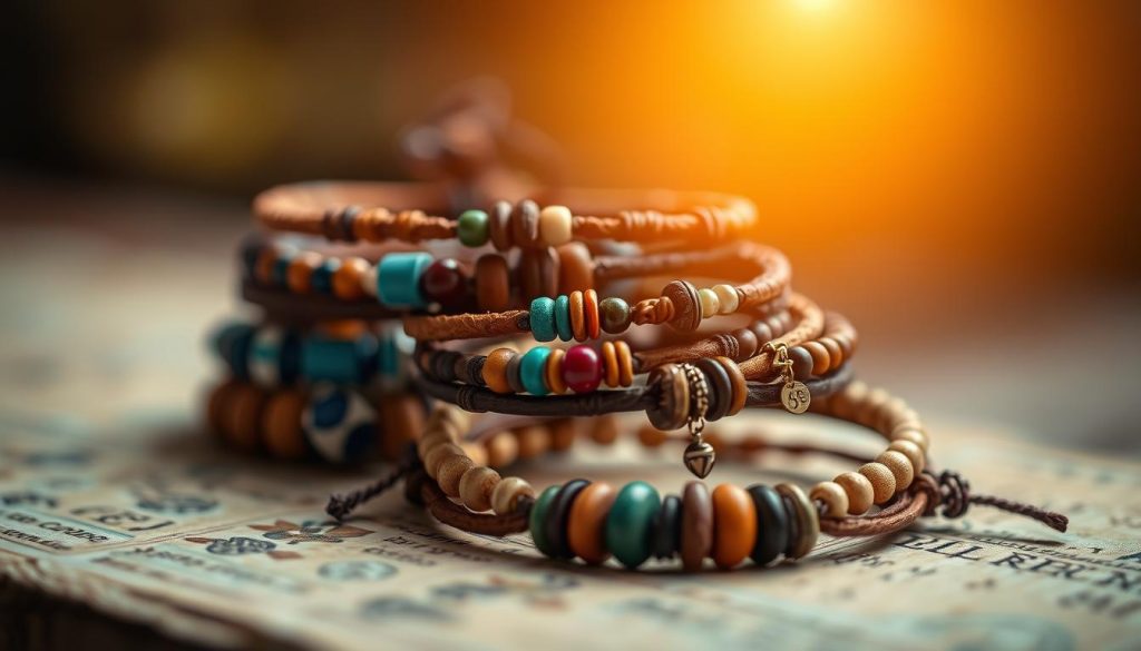 Pulseras artisanal jewelry pieces, layered in an enchanting stacked arrangement. Delicate handcrafted bracelets in an array of natural materials - leather, wood, beads, and charms. Warm, earthy tones accentuated by flashes of vibrant color. Soft, diffused lighting casts a serene, mystical glow, highlighting the intricate textures and patterns. The bracelets are positioned in the foreground, drawing the eye inward, while a blurred, dreamlike background evokes a sense of spiritual connection and personal adornment. Elegant, yet imbued with a sense of ancient tradition, the pulseras convey a feeling of protection, luck, and deep personal meaning.