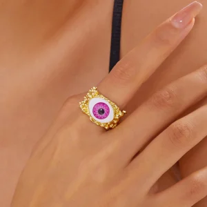 Anillo ojo turco para mujer dorado bohemio con ojo rosa