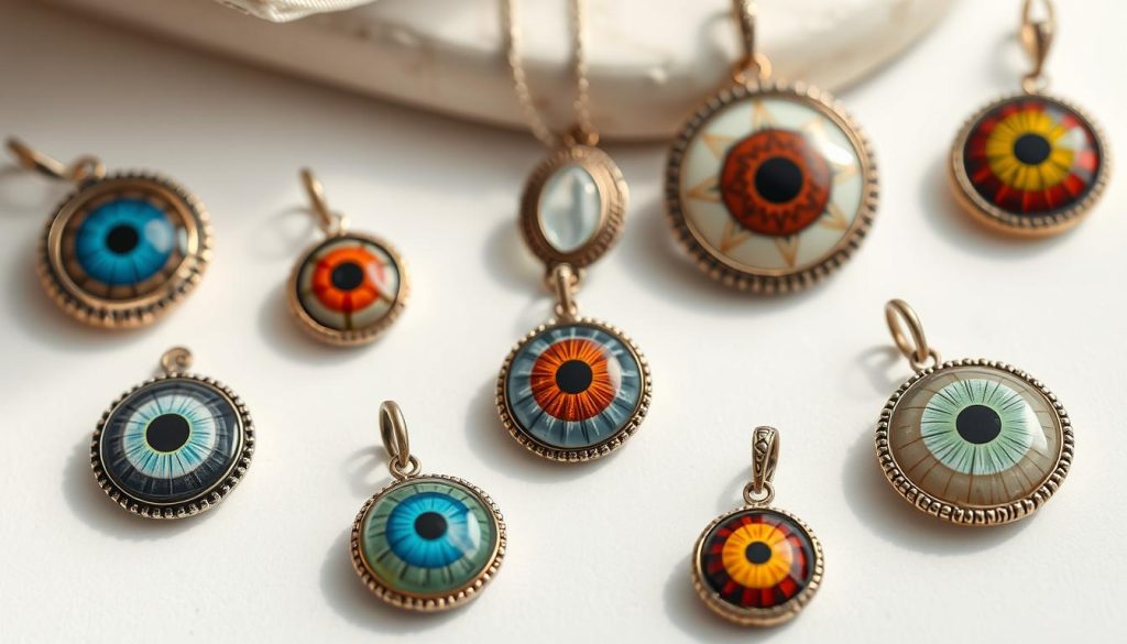 Showcase a collection of Turkish eye pendants, meticulously crafted in varying sizes, from delicate "mini" studs to bold statement pieces. Set against a clean, minimalist background, capture the pendants in natural, softly diffused lighting that accentuates their intricate details and rich, vibrant colors. Arrange the pendants in a visually appealing composition, with a mix of close-up and angled shots to highlight their dimensional qualities and diverse silhouettes. Convey a sense of elegance, sophistication, and the versatility of these pendants to complement any style.