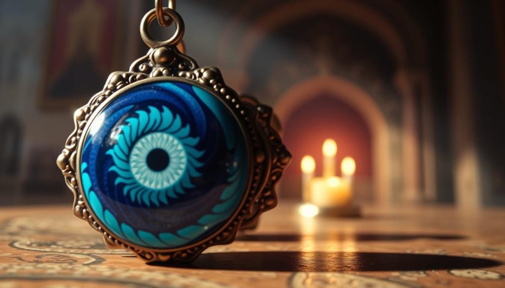 Vibrant and enigmatic, a close-up view of the "Turkish Evil Eye" amulet. In the foreground, a detailed rendering of the iconic eye design, its bold hues of azure, turquoise, and indigo swirling together in a mesmerizing pattern. The middle ground showcases the amulet's ornate, metallic frame, intricate and gleaming. In the background, a soft, atmospheric setting, with hints of a mysterious, dimly lit interior, evoking a sense of ancient mysticism and protective energy. Dramatic lighting casts dramatic shadows, heightening the visual drama. Capture the allure and symbolic power of this traditional talisman, a talisman believed to ward off negativity and bestow strength. Vibrant and enigmatic, a close-up view of the "Turkish Evil Eye" amulet. In the foreground, a detailed rendering of the iconic eye design, its bold hues of azure, turquoise, and indigo swirling together in a mesmerizing pattern. The middle ground showcases the amulet's ornate, metallic frame, intricate and gleaming. In the background, a soft, atmospheric setting, with hints of a mysterious, dimly lit interior, evoking a sense of ancient mysticism and protective energy. Dramatic lighting casts dramatic shadows, heightening the visual drama. Capture the allure and symbolic power of this traditional talisman, a talisman believed to ward off negativity and bestow strength.