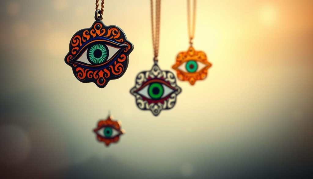 Vibrant and mystical Turkish eye amulets, floating against a serene backdrop. In the foreground, the emblematic eye design in a bold, saturated palette - deep blues, emerald greens, and fiery oranges. The middle ground features intricate, swirling motifs, evoking ancient protective symbols. The background recedes into a soft, dreamlike gradient, bathed in a warm, golden glow. Delicate lighting casts gentle shadows, emphasizing the dimensional, almost sculptural quality of the design. An image imbued with a sense of sacred, timeless power - a talisman to guard and guide.